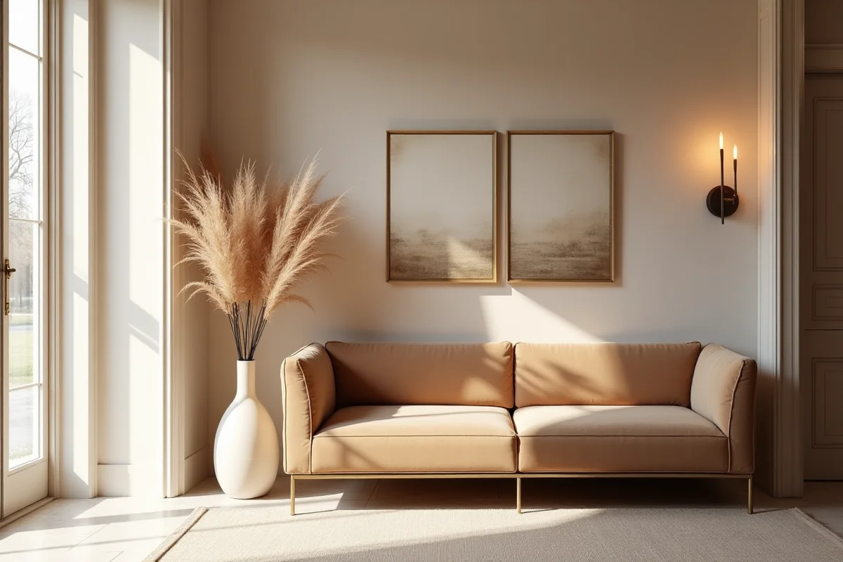Wnętrze recepcji studia Lashnails — aksamitna sofa w ciepłej tonacji taupe i akcenty z różowego złota