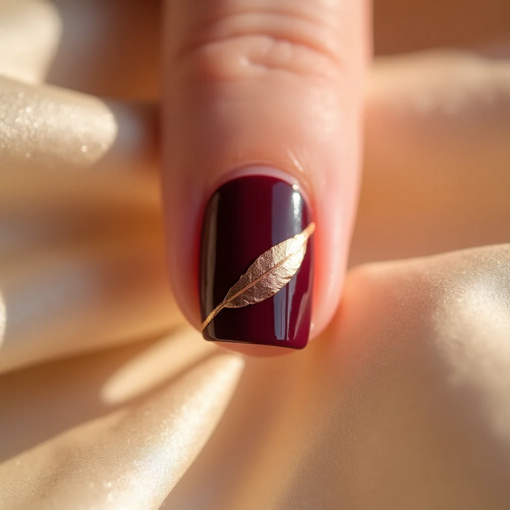 Manicure z lakierem w głębokiej barwie wina i akcentem różowego złota